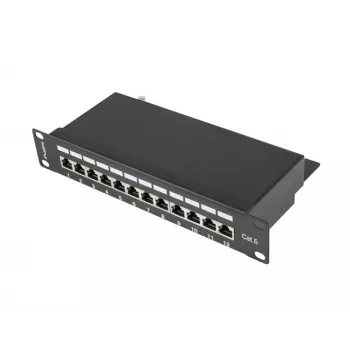 Patch panel LANBERG PPF6-9012-B — 12-port RJ45, kov, čierny, 1U (215×44,5×130 mm)