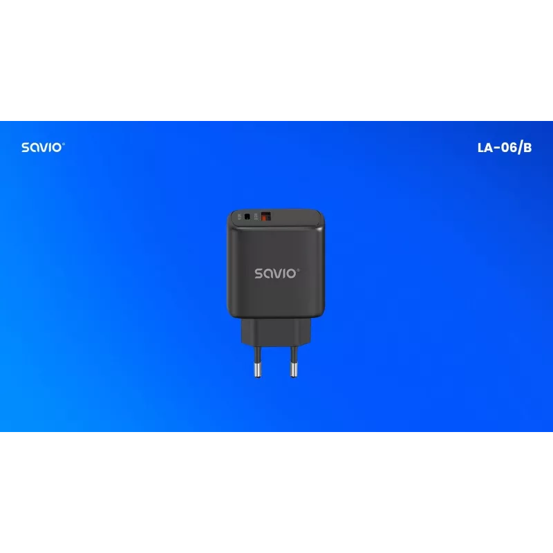 Sieťová nabíjačka SAVIO LA-06/B 30 W, USB-A + USB-C, Quick Charge, Power Delivery 3.0, čierna