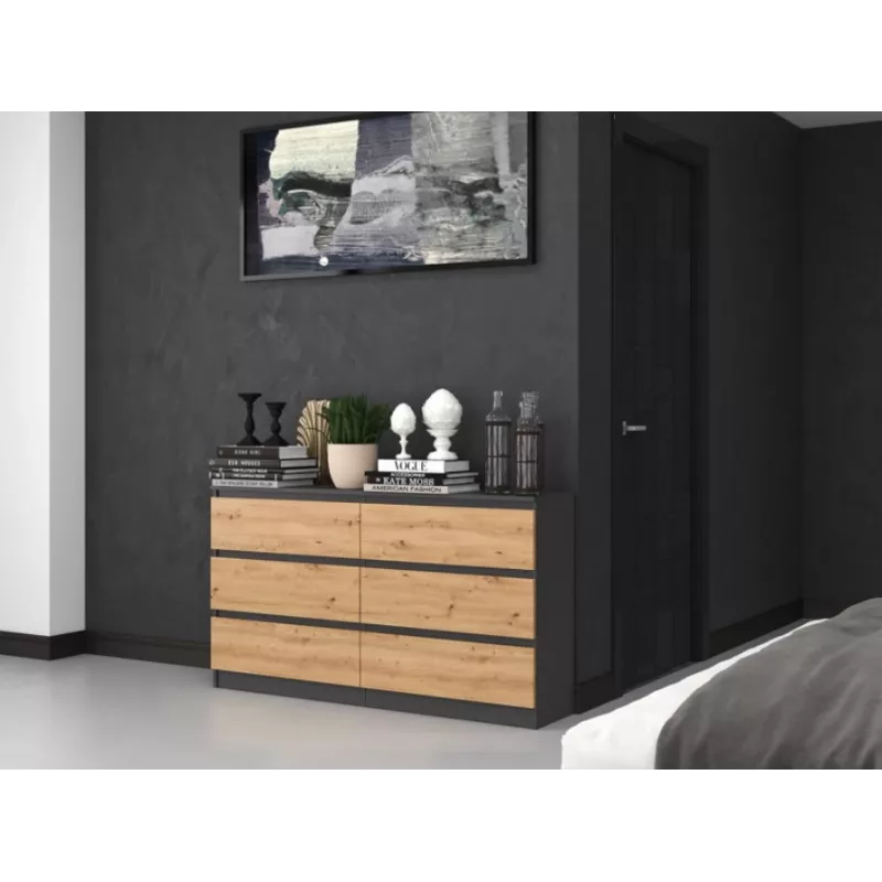 Komoda Top e Shop M6 140 ANT/ART, 6 zásuviek, antracit dub, 1380×750×400 mm
