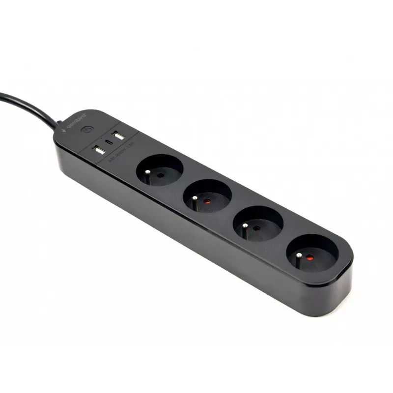 Predlžovacia zásuvka GEMBIRD TSL-PS-F4U-02 so 4 zásuvkami PL a USB nabíjačkou, čierna