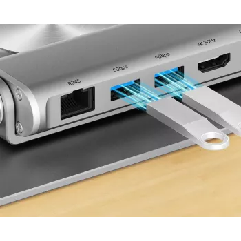 Stojan na notebook Unitek D1109B01 — nastaviteľný hliníkový stojan s odnímateľným USB-C HDMI 4K PD 100W, 2x USB-A, RJ-45, pre až 17 palcov