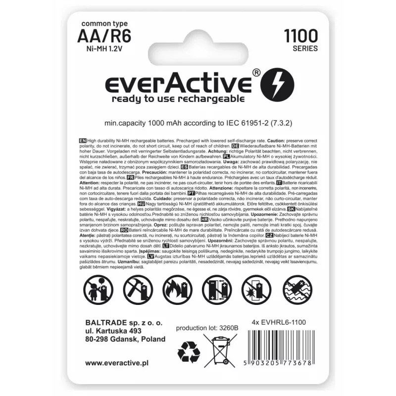Nabíjacie NiMH batérie everActive EVHRL6-1100 1,2 V 1100 mAh — 4 ks, valcové