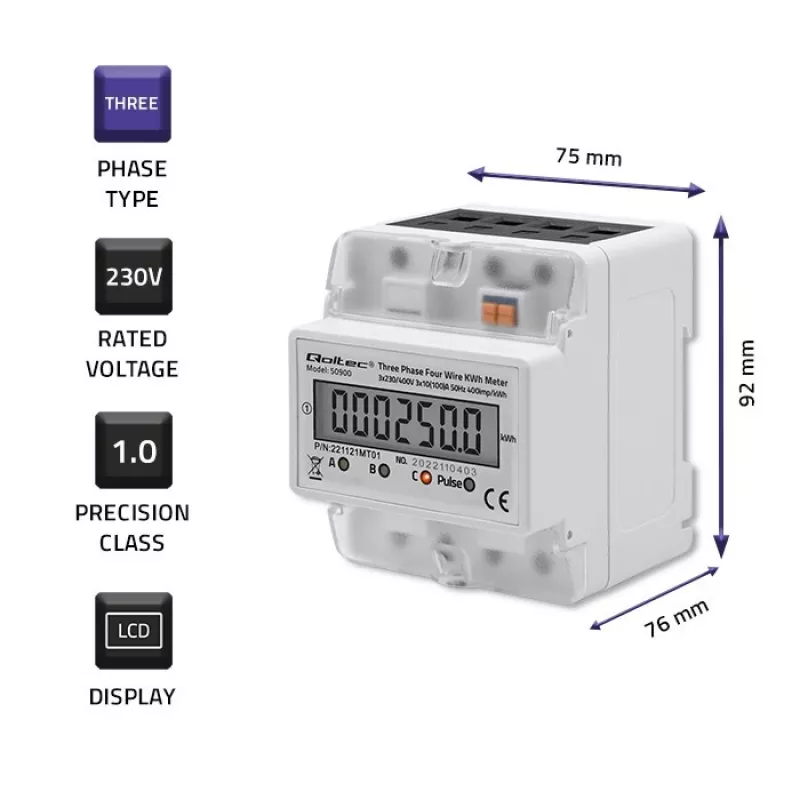 Trojfázový elektronický merač energie QOLTEC 50900 400V LCD 4P