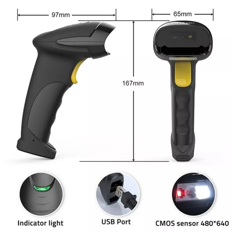 Qoltec 50853 ručná laserová čítačka čiarových kódov 1D/2D, drôtová USB, kábel 1,65 m, 97x65x167 mm, 105 g, čierna