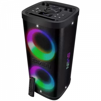Prenosný reproduktor SVEN PS-950, čierny, výstupný výkon 2x80W (RMS), TWS, Bluetooth, IPx4, FM, USB, microSD, LED displej, lítiová batéria