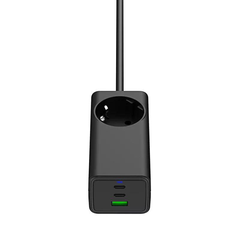 Akyga AK-CH-21 GaN USB nabíjačka 65 W, 2 x USB-C + USB-A, so zásuvkou, 1,5 m, čierna