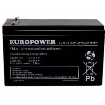 Olovená uzavretá batéria europower EV 12-9 — 12 V 9 Ah pre UPS a záložné napájanie