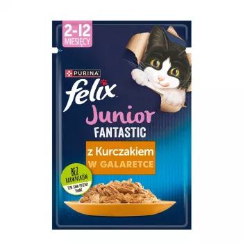 Mokré krmivo pre mačky Purina Nestlé Felix Fantastic Junior 85 g vrecko — kuracie, 77,5 % vlhkosti, 13,5 % bielkovín