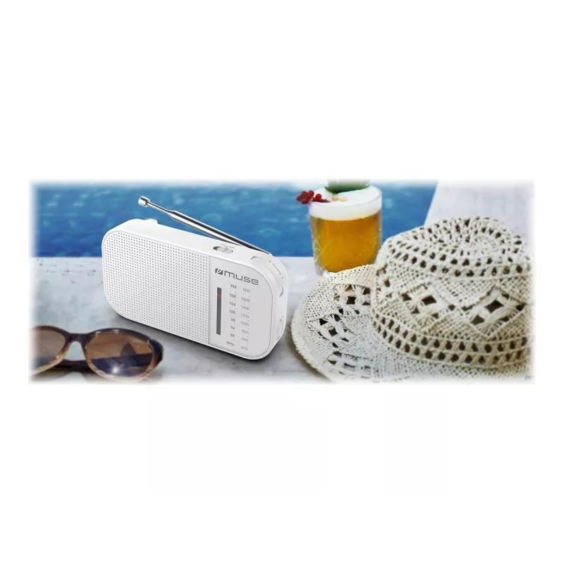 Prenosné rádio Muse M-025 RW — analógové UKW/MW, biele, na batérie, externá anténa