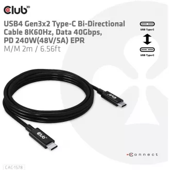 CLUB3D USB4 Gen3x2 Type-C obojsmerný kábel 8K60Hz, dáta 40Gbps, PD 240W(48V/5A) EPR M/M 2m / 6.56ft