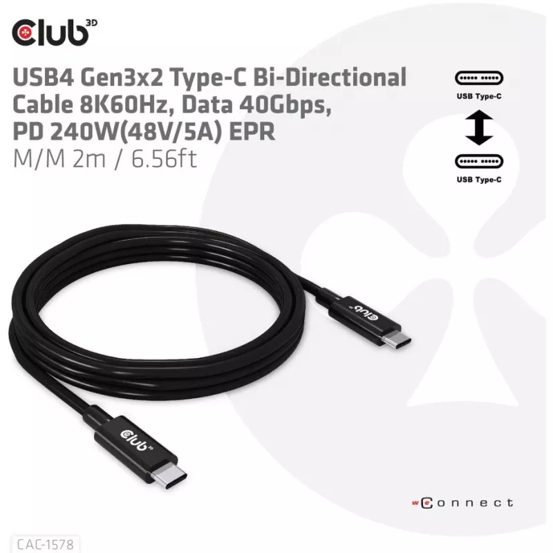 CLUB3D USB4 Gen3x2 Type-C obojsmerný kábel 8K60Hz, dáta 40Gbps, PD 240W(48V/5A) EPR M/M 2m / 6.56ft