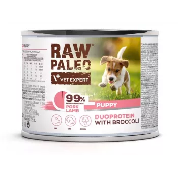Mokré krmivo pre psov VETEXPERT RAW PALEO Duoprotein Schwein & Lamm Puppy 200 g, bez lepku a sóje, vlhkosť 81 %