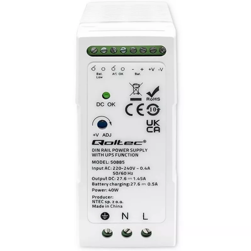 Qoltec 50885 Stabilné napájanie na lištu DIN s funkciou UPS | 40W