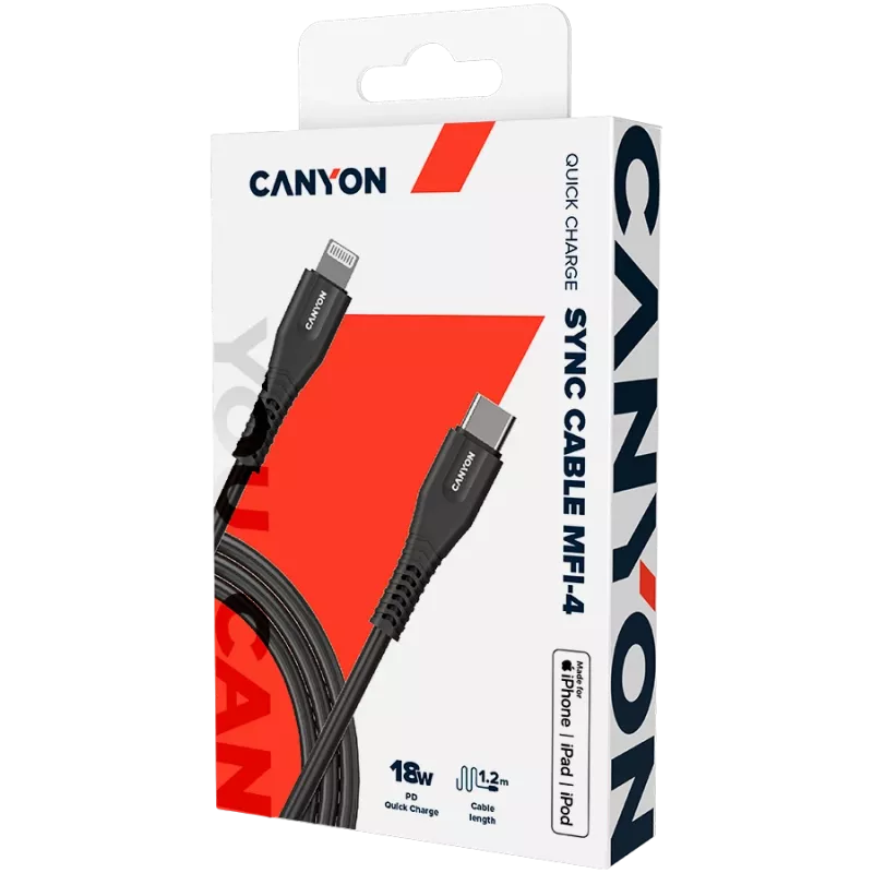 CANYON kábel MFI-4 Type-C na Lightning 1,2m čierny