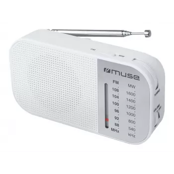 Prenosné rádio Muse M-025 RW — analógové UKW/MW, biele, na batérie, externá anténa