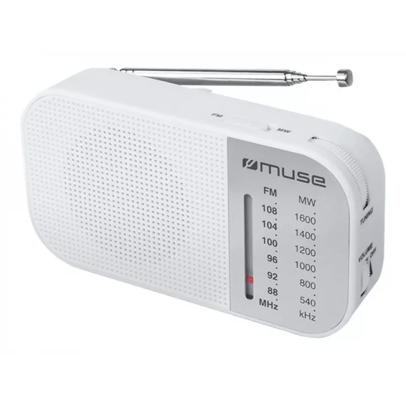 Prenosné rádio Muse M-025 RW — analógové UKW/MW, biele, na batérie, externá anténa