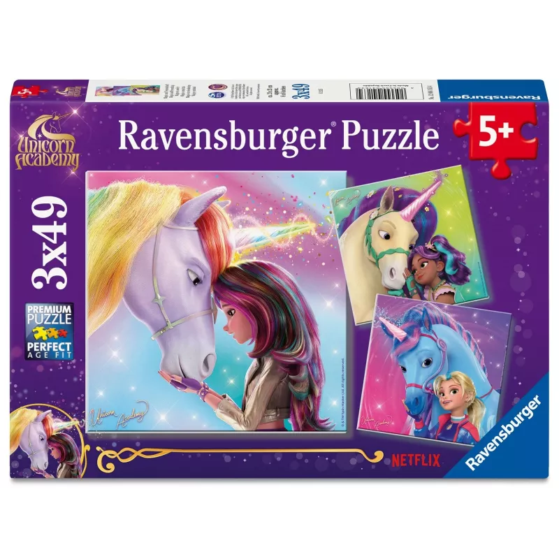 Puzzle Ravensburger Unicorn Academy – 3 x 49 dielov, sada pre deti