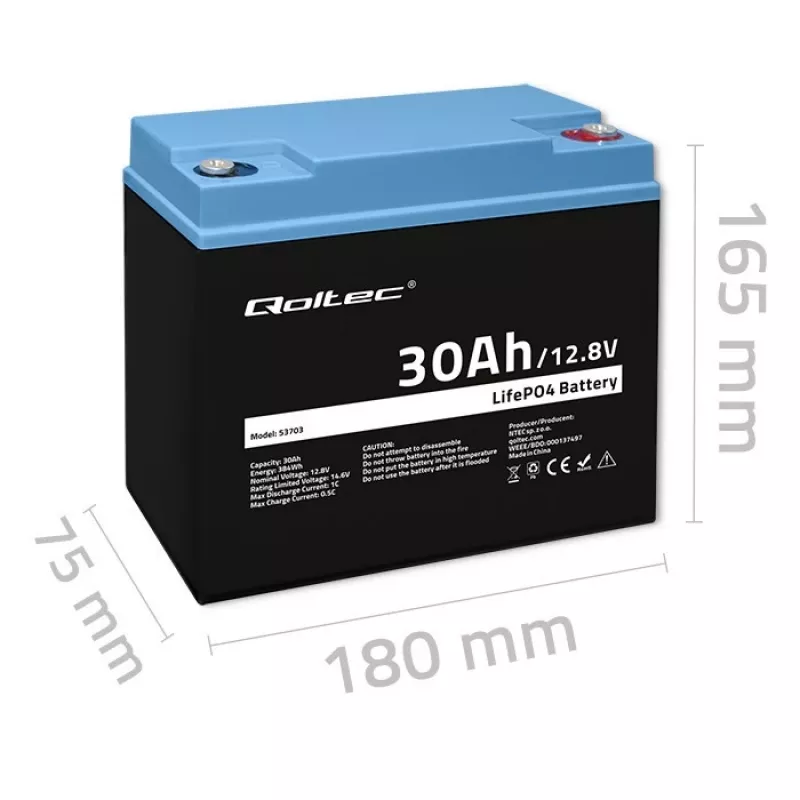 Nabíjateľná batéria LiFePO4 QOLTEC 12,8V 30Ah 384Wh s BMS