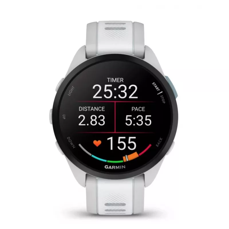 Smartwatch GARMIN Forerunner 165 — GPS, AMOLED 1,2 palca, 4 GB, 5 ATM, 11 dní batéria, sivé puzdro, biely remienok