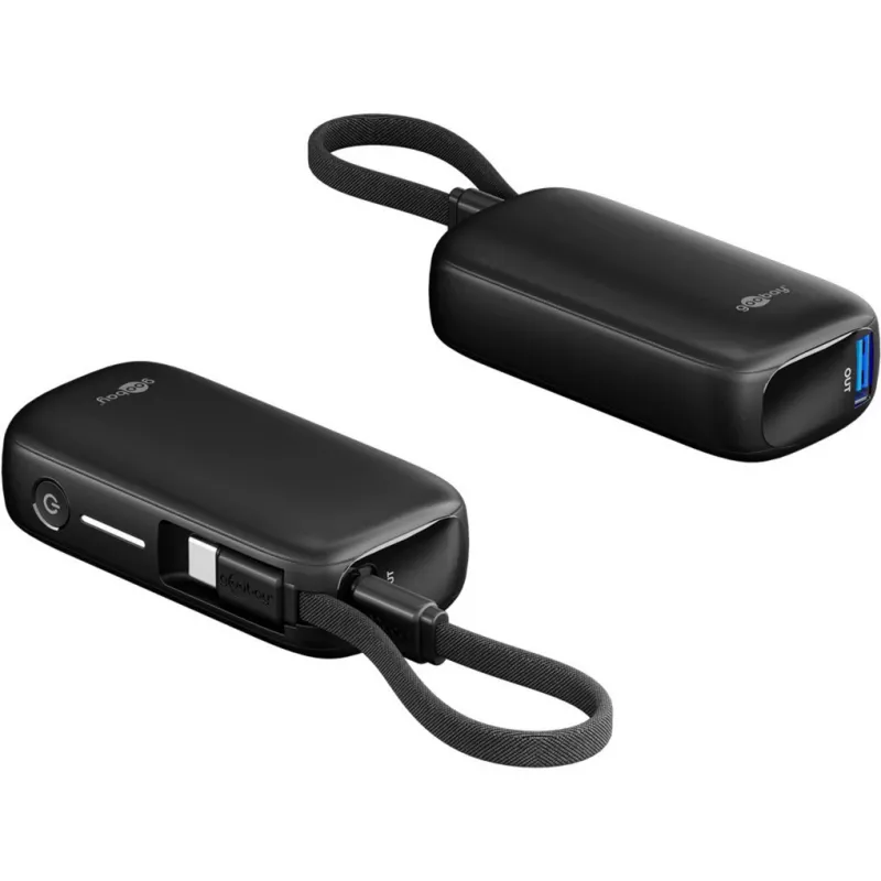 Goobay powerbanka 5000 mAh 20 W, integrovaný kábel USB-C 13 cm, 1x USB-A, 1x USB-C, PD, QC, čierna