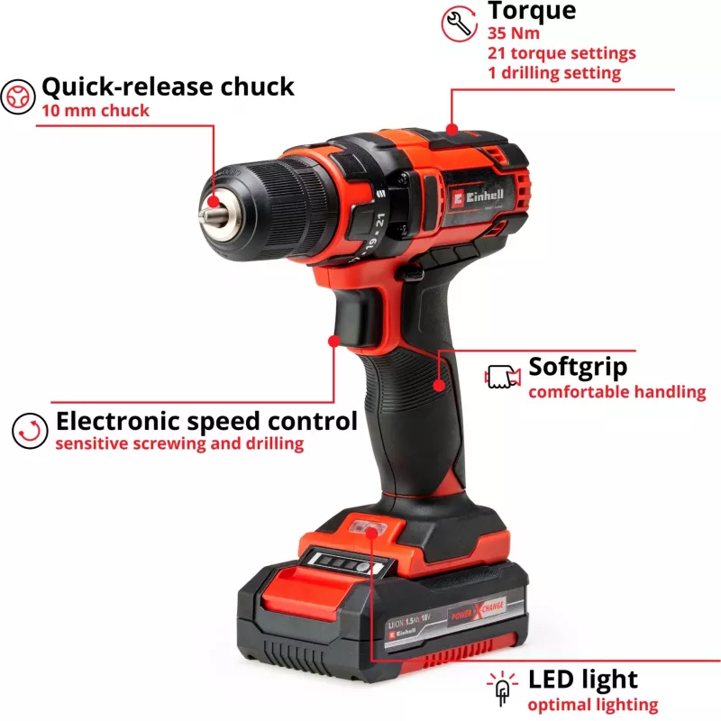 Akumulátorový skrutkovač Einhell 4513914, 18V lithium-ion, 185x63x188 mm