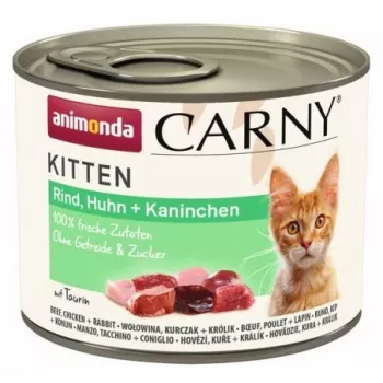 Mokré krmivo pre mačky animonda Carny HOVÄDZINA KURACINA KRÁLIK 200 g konzerva — junior, 10,5 % bielkovín, 6,3 % tuku, 80 % vlhkosti