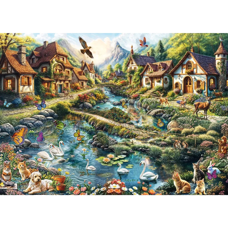 Puzzle 1000 dielikov, Schmidt Spiele Dorf am Waldrand, krajinná ilustrácia
