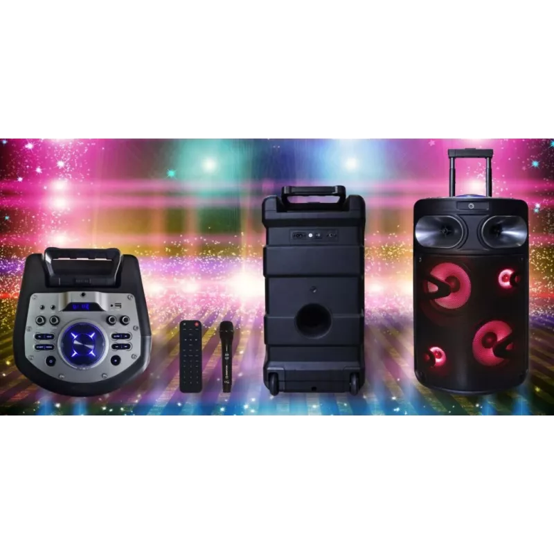 Prenosný Bluetooth karaoke reproduktor MANTA SPK0803B140 140W, batériové napájanie, MIC/USB/microSD, FM, ekvalizér, kolieska