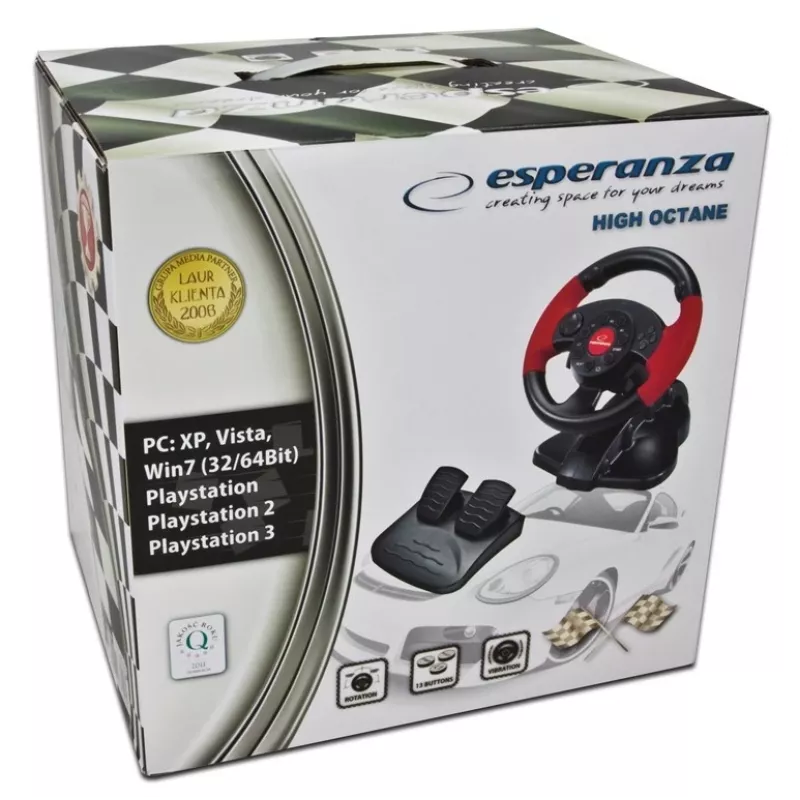 Volant ESPERANZA EG103 herný ovládač — PC/PS2/PS3, 13 tlačidiel, vibrácie, akcelerometer, čierny/červený