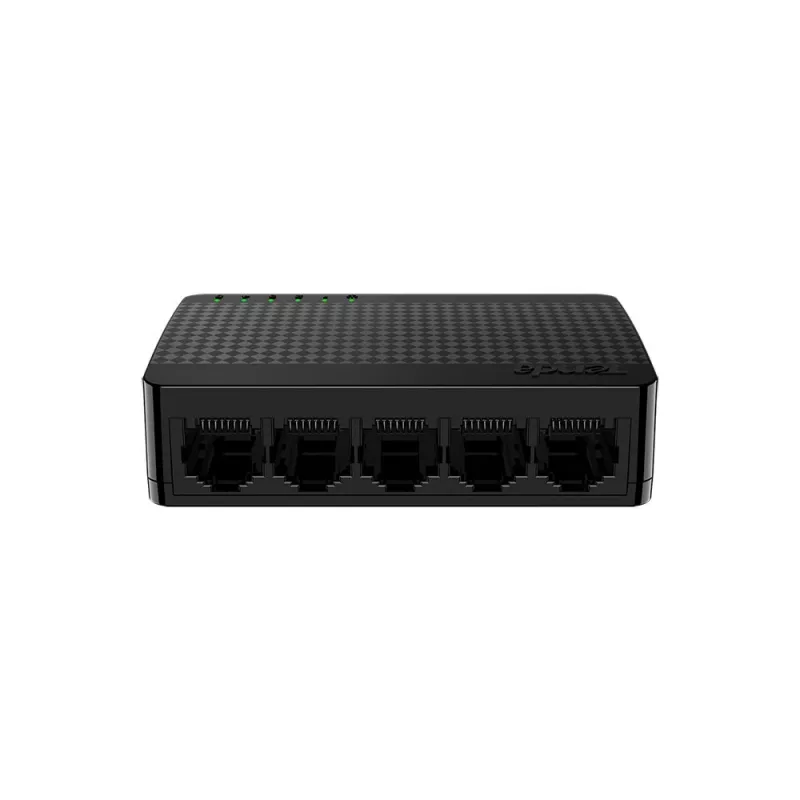 Sieťový switch TENDA SG105M — 5-portový gigabitový Ethernet (10/100/1000), čierny, desktopová/nástenná montáž
