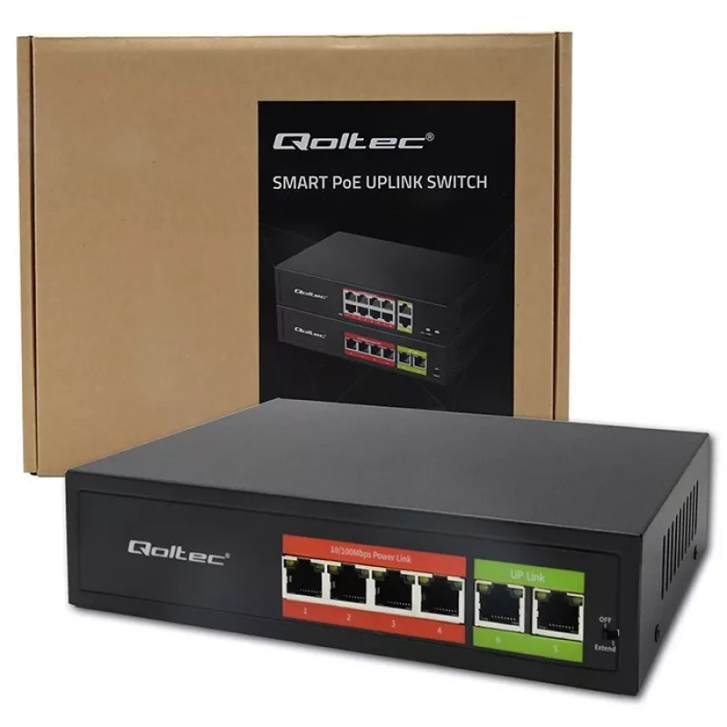 Ethernet PoE switch QOLTEC 52289 — 4x RJ45 PoE porty, 2x RJ45 uplink, 65W PoE rozpočet