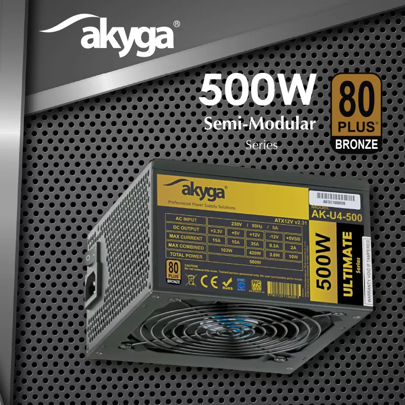Akyga Ultimate AK-U4-500 ATX napájací zdroj 500 W, 80 PLUS Bronze, aktívne PFC, 120-mm ventilátor