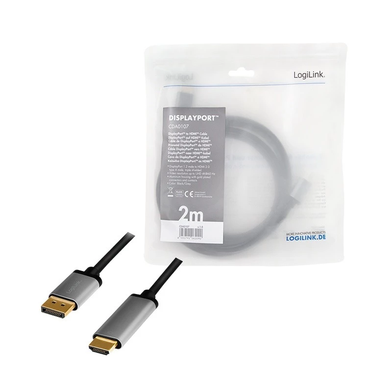 LogiLink CDA0107 videokáblový adaptér 2 m DisplayPort HDMI čierny sivý
