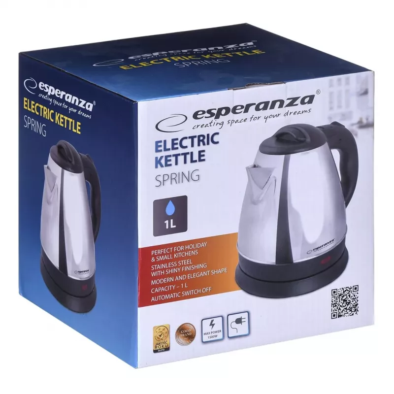 Rýchlovarná kanvica ESPERANZA 1,0 L nerez a plast, 1350 W, bezšnúrová, automatické vypnutie