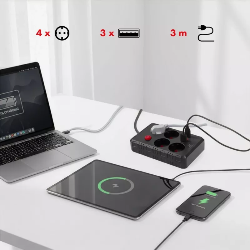 Predlžovacia zásuvka MACLEAN MCE393 B — 4 zásuvky, 3×USB, 110–240 V, 2500 W, 3 m kábel, čierna