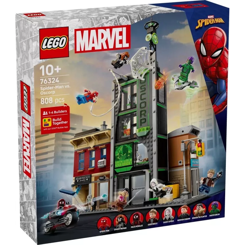 LEGO Marvel Set 76324 Spider-Man vs. Oscorp, 808 dielov, 8 minifigúrok, od 10 rokov