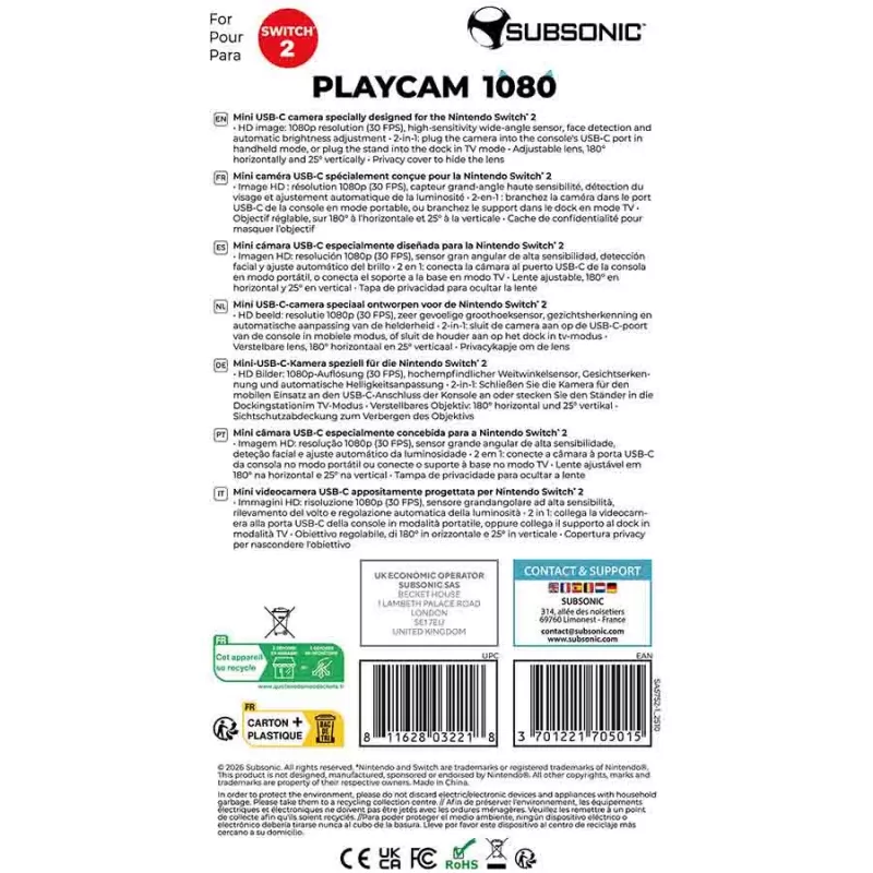 Subsonic Playcam 1080 2in1 HD mini kamera pre Nintendo Switch 2 červená