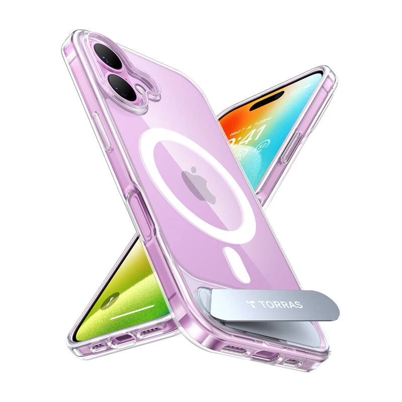 Torras Pstand Series puzdro pre iPhone 16 Plus — priehľadné ochranné puzdro s integrovaným stojanom