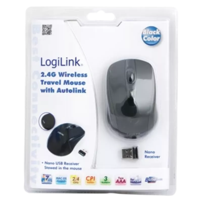 LogiLink myš optická bezdrôtová 2,4 GHz Mini - myš - optická - 3 tlačidlá - bezdrôtová - 2,4 GHz - bezdrôtový prijímač (USB) - čierna (ID0031)
