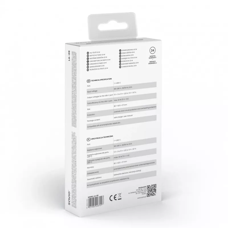 Nástenná nabíjačka 20W LA-09 USB-C QC, PD 3.0 Savio SAVLA-09