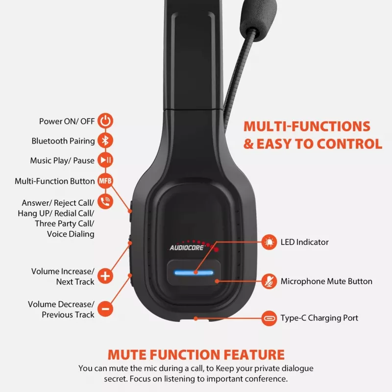 Audiocore 74452 Bluetooth headset slúchadlá potlačenie hluku mikrofón Call Center Google Siri kancelária bezdrôtový