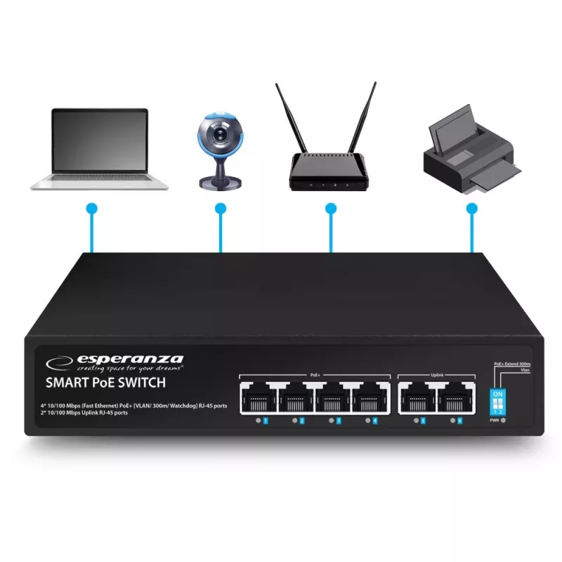 Esperanza ENS105 6-portový PoE switch 10/100 60W