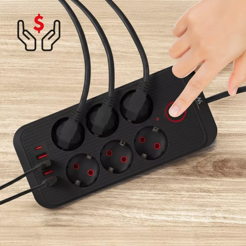 Predlžovacia zásuvka MACLEAN MCE389 B — 6 zásuviek, 4×USB-A + 1×USB-C, 110–240V, 2,1A, 2500W, 1,5 m kábel, čierna