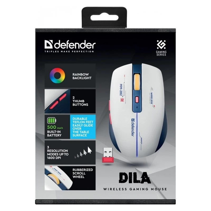 Bezdrôtová herná myš DEFENDER MM-282 RF — obojručná, optická 1800 DPI, 5 tlačidiel, USB, na batérie