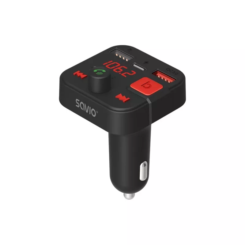 SAVIO FM vysielač, Bluetooth 5.3, nabíjačka QC 3.0, LED displej, Bass Boost, TR-15, čierna