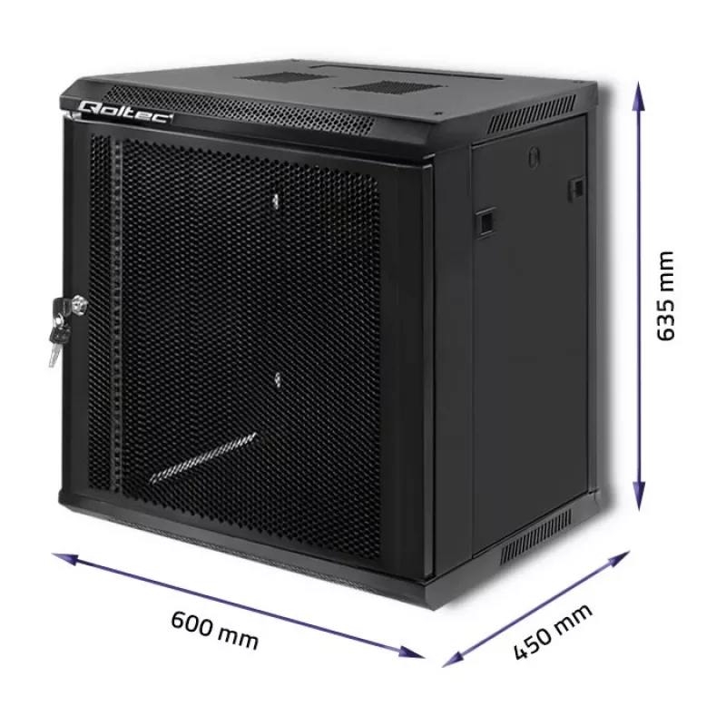 Qoltec 54488 19-palcová nástenná rack skriňa, 12U, 600 x 635 x 450 mm, perforované dvere
