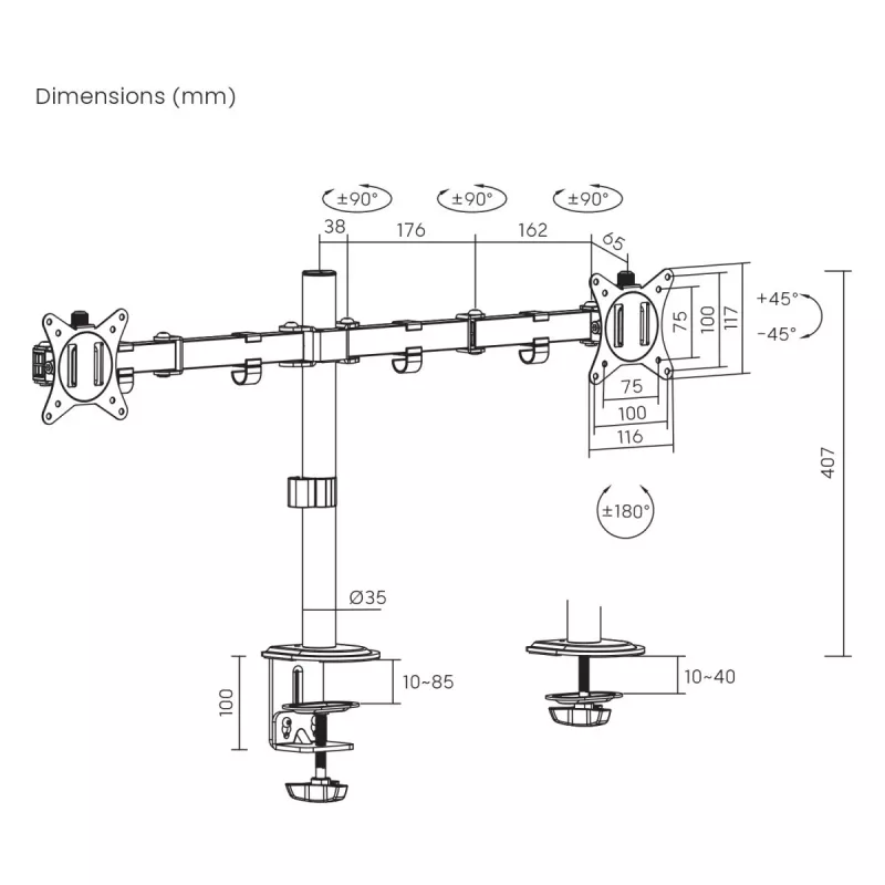 Maclean stolový držiak na 2 monitory, VESA 75x75 a 100x100, 17-32, 2x 9kg, MC-754N