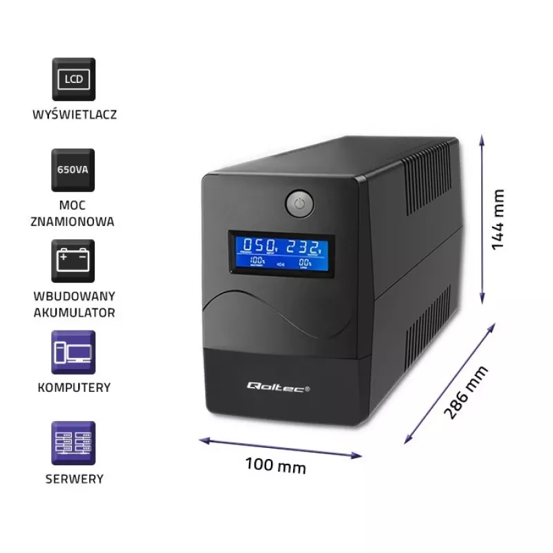 Qoltec Monolith UPS dvojitá konverzia online 0,65 kVA 360 W 2 AC zásuvky