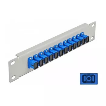 Optický patch panel DeLOCK 10 inch 12 portov SC Simplex modrá 1HE sivá