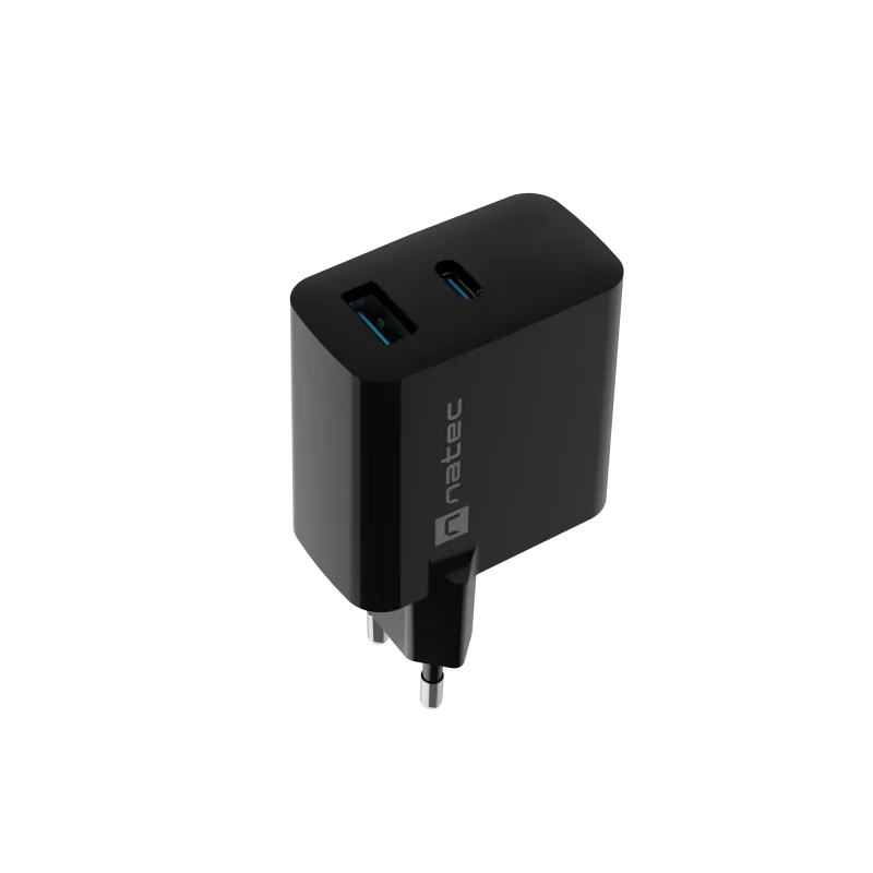 Káblová nabíjačka pre mobilné zariadenia NATEC NUC-2143, 45 W, USB-C PD 3.0 + USB-A QC 3.0, 110–240 V, čierna